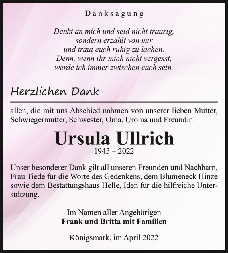  Traueranzeige für Ursula Ullrich  vom 14.04.2022 aus Magdeburger Volksstimme