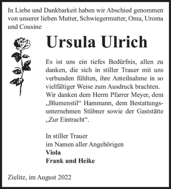 Traueranzeige von Ursula Ulrich  von Magdeburger Volksstimme