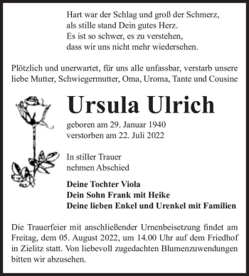 Traueranzeige von Ursula Ulrich  von Magdeburger Volksstimme