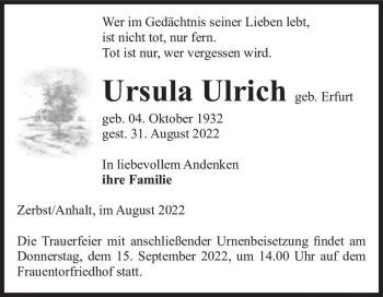 Traueranzeige von Ursula Ulrich (geb. Erfurt)  von Magdeburger Volksstimme