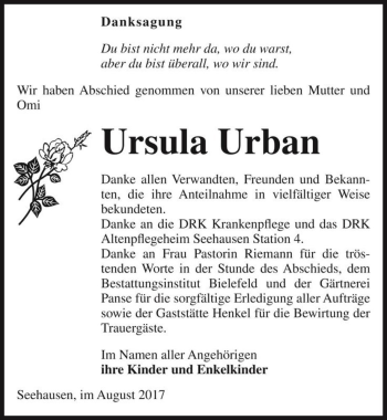 Traueranzeige von Ursula Urban  von Magdeburger Volksstimme