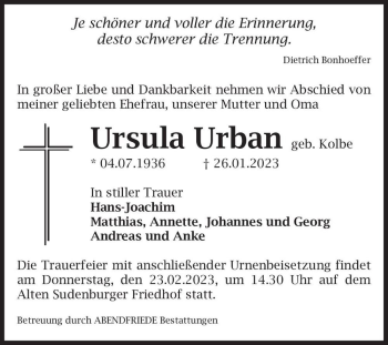 Traueranzeige von Ursula Urban (geb. Kolbe)  von Magdeburger Volksstimme
