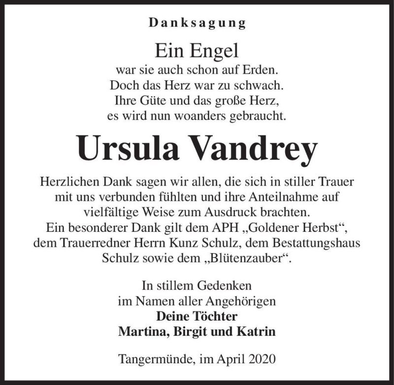 Traueranzeige für Ursula Vandrey  vom 04.04.2020 aus Magdeburger Volksstimme