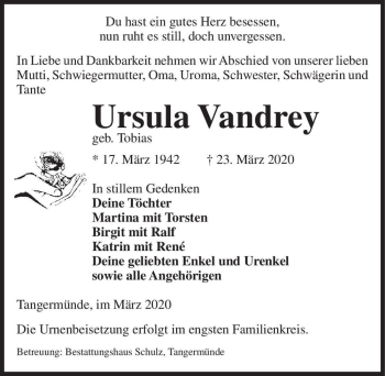 Traueranzeige von Ursula Vandrey (geb. Tobias)  von Magdeburger Volksstimme