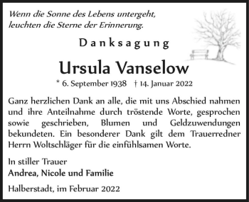 Traueranzeige von Ursula Vanselow  von Magdeburger Volksstimme