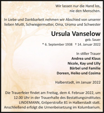Traueranzeige von Ursula Vanselow (geb. Sauer)  von Magdeburger Volksstimme