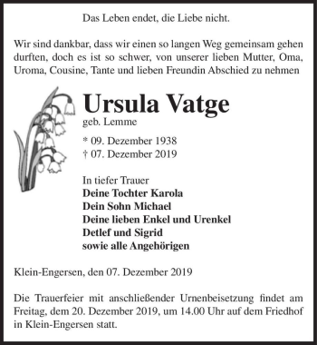 Traueranzeige von Ursula Vatge (geb. Lemme)  von Magdeburger Volksstimme