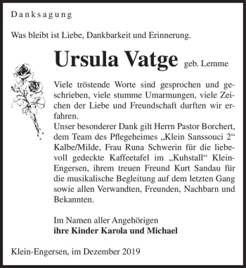 Traueranzeige von Ursula Vatge (geb. Lemme)  von Magdeburger Volksstimme