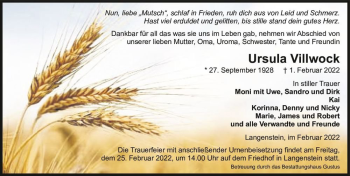 Traueranzeige von Ursula Villwock  von Magdeburger Volksstimme