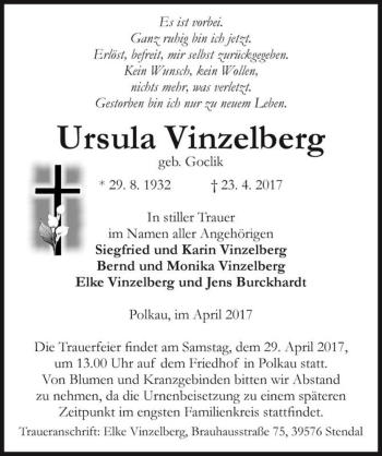 Traueranzeige von Ursula Vinzelberg (geb. Goclik)  von Magdeburger Volksstimme