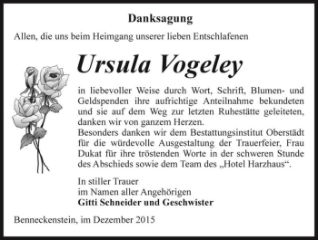 Traueranzeige von Ursula Vogeley  von Magdeburger Volksstimme