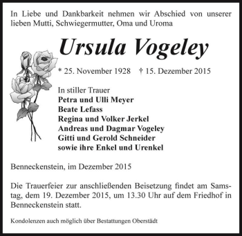 Traueranzeige von Ursula Vogeley  von Magdeburger Volksstimme