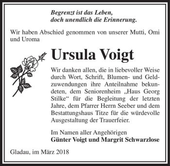 Traueranzeige von Ursula Voigt  von Magdeburger Volksstimme