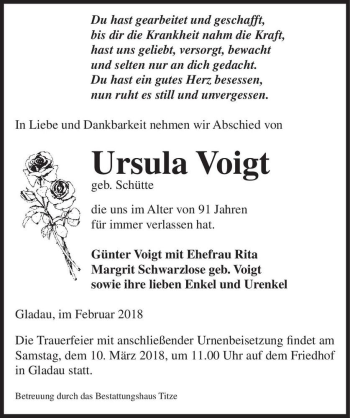 Traueranzeige von Ursula Voigt (geb. Schlütte)  von Magdeburger Volksstimme
