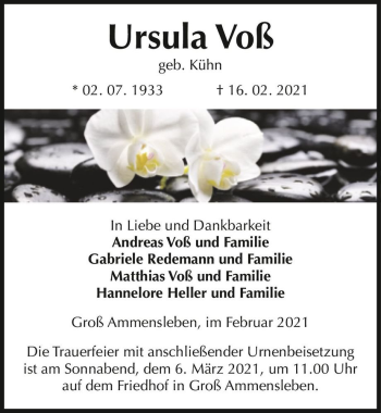 Traueranzeige von Ursula Voß (geb. Kühn)  von Magdeburger Volksstimme