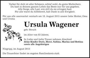 Traueranzeige von Ursula Wagener (geb. Struch)  von Magdeburger Volksstimme