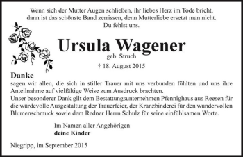 Traueranzeige von Ursula Wagener (geb. Struch)  von Magdeburger Volksstimme