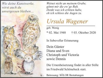 Traueranzeige von Ursula Wagener (geb. Wenig)  von Magdeburger Volksstimme