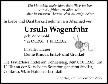 Traueranzeige von Ursula Wagenführ (geb. Aebersold)  von Magdeburger Volksstimme