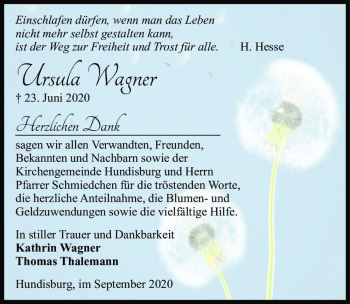 Traueranzeige von Ursula Wagner  von Magdeburger Volksstimme
