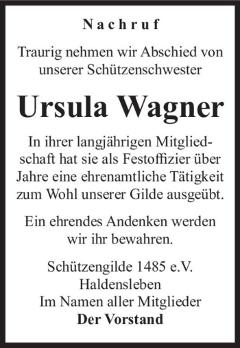 Traueranzeige von Ursula Wagner  von Magdeburger Volksstimme