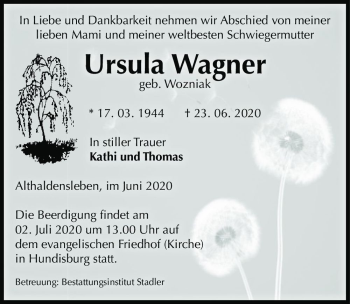 Traueranzeige von Ursula Wagner (geb. Wozniak)  von Magdeburger Volksstimme