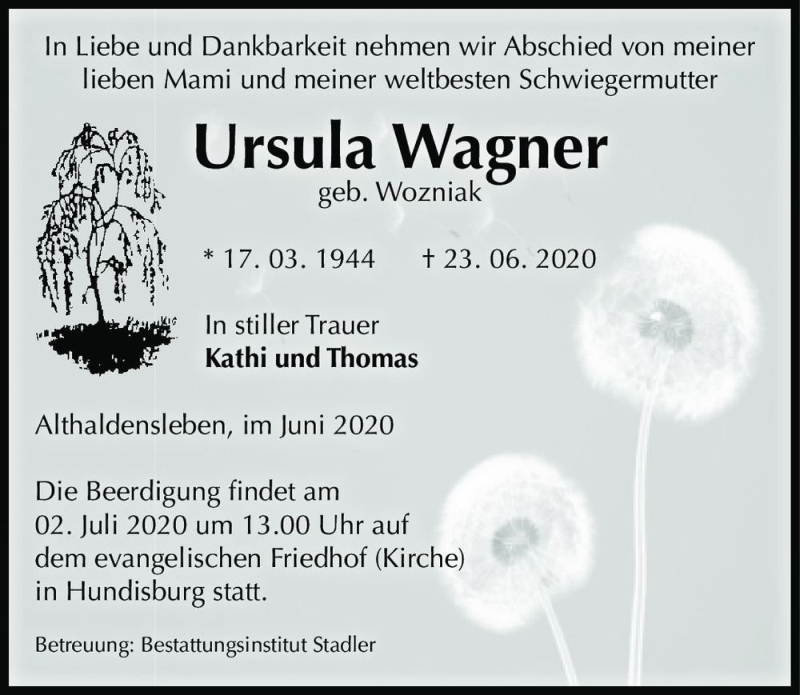  Traueranzeige für Ursula Wagner (geb. Wozniak)  vom 30.06.2020 aus Magdeburger Volksstimme