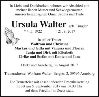 Traueranzeige von Ursula Walter (geb. Tüngler)  von Magdeburger Volksstimme