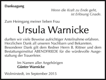 Traueranzeige von Ursula Warnicke  von Magdeburger Volksstimme