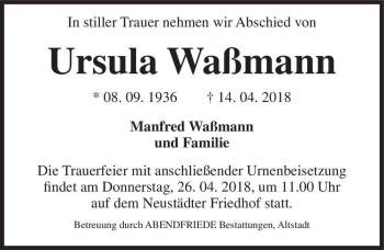 Traueranzeige von Ursula Waßmann  von Magdeburger Volksstimme