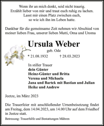 Traueranzeige von Ursula Weber (geb. Ode)  von Magdeburger Volksstimme