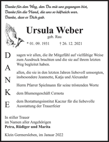 Traueranzeige von Ursula Weber (geb. Rau)  von Magdeburger Volksstimme