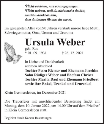 Traueranzeige von Ursula Weber (geb. Rau)  von Magdeburger Volksstimme