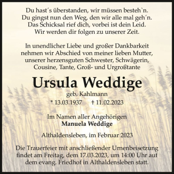 Traueranzeige von Ursula Weddige (geb. Kahlmann)  von Magdeburger Volksstimme
