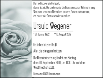 Traueranzeige von Ursula Wegener  von Magdeburger Volksstimme