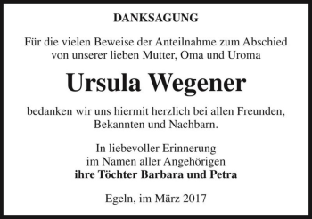 Traueranzeige von Ursula Wegener  von Magdeburger Volksstimme