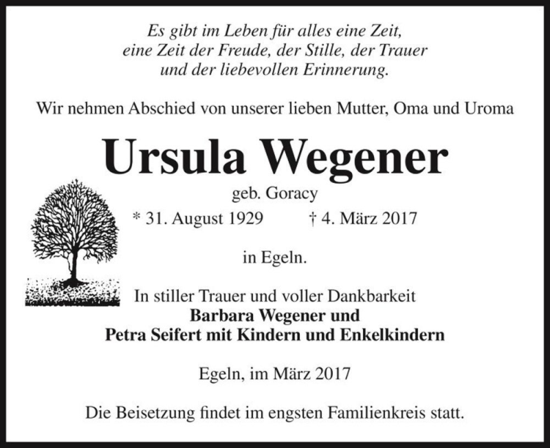  Traueranzeige für Ursula Wegener (geb. Goracy)  vom 08.03.2017 aus Magdeburger Volksstimme