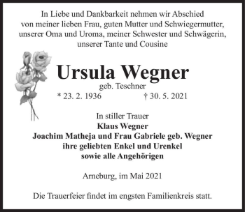 Traueranzeige von Ursula Wegner (geb. Teschner)  von Magdeburger Volksstimme