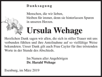 Traueranzeige von Ursula Wehage  von Magdeburger Volksstimme
