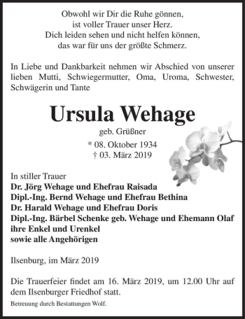 Traueranzeige von Ursula Wehage (geb. Grüßner)  von Magdeburger Volksstimme