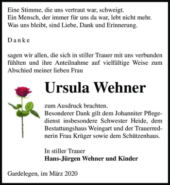 Traueranzeige von Ursula Wehner  von Magdeburger Volksstimme
