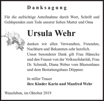 Traueranzeige von Ursula Wehr  von Magdeburger Volksstimme