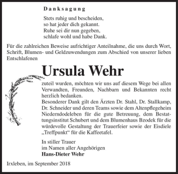 Traueranzeige von Ursula Wehr  von Magdeburger Volksstimme