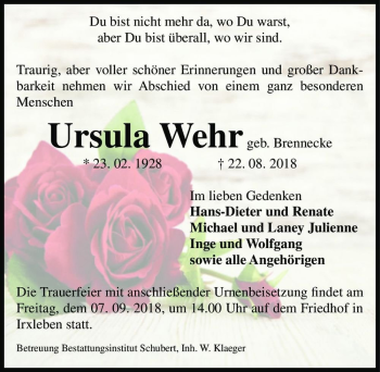 Traueranzeige von Ursula Wehr (geb. Brennecke)  von Magdeburger Volksstimme