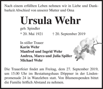 Traueranzeige von Ursula Wehr (geb. Spindler)  von Magdeburger Volksstimme