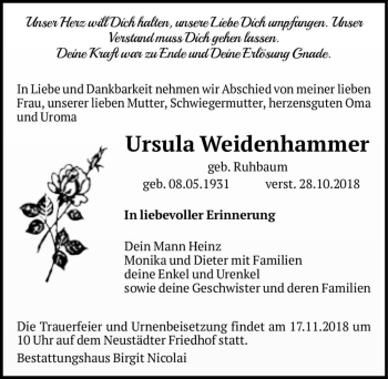Traueranzeige von Ursula Weidenhammer (geb. Ruhbaum)  von Magdeburger Volksstimme