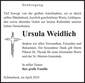 Traueranzeige von Ursula Weidlich  von Magdeburger Volksstimme