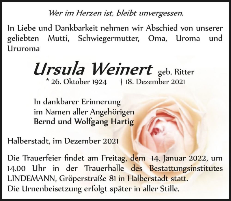  Traueranzeige für Ursula Weinert (geb. Ritter)  vom 24.12.2021 aus Magdeburger Volksstimme