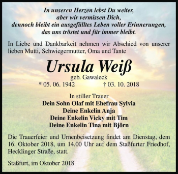 Traueranzeige von Ursula Weiß (geb. Gawaleck)  von Magdeburger Volksstimme