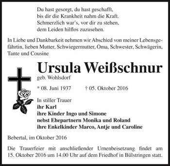 Traueranzeige von Ursula Weißschnur (geb. Wohlsdorf)  von Magdeburger Volksstimme